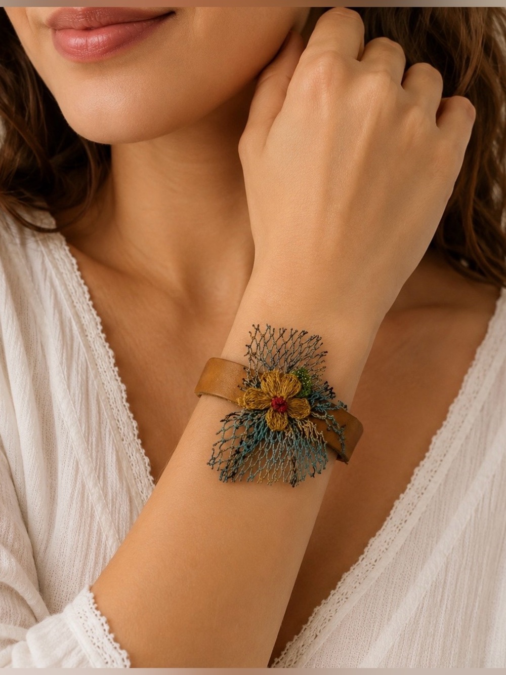 🛍️SALE🛍️ Handcrafted Bohemian Knitted Flower & Leather Cuff Bracelet